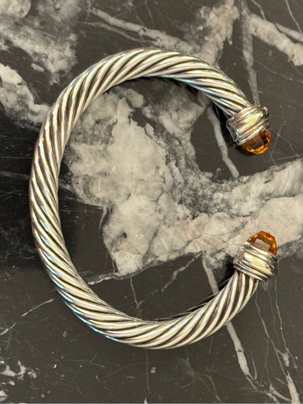 David Yurman Silver Cable Cuff Bracelet with Yellow-Gold Gem Tips